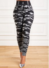 Camouflage Print Grey Elastic Waist High Waisted Leggings