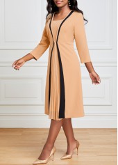 Pleated Light Camel Square Neck Dress