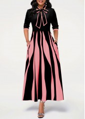 Geometric Print 3/4 Sleeve Pink Pocket Dress