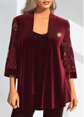 Lace Stitching 3/4 Sleeve Red Coat and Camisole Top