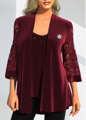 Lace Stitching 3/4 Sleeve Red Coat and Camisole Top