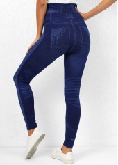 Beaded Denim Blue Elastic Waist Leggings