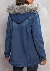 Denim Blue Hooded Fur Collar Long Sleeve Coat