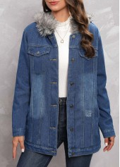 Denim Blue Hooded Fur Collar Long Sleeve Coat