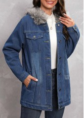 Denim Blue Hooded Fur Collar Long Sleeve Coat