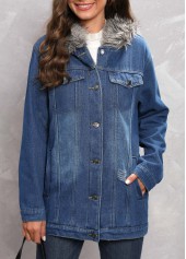 Denim Blue Hooded Fur Collar Long Sleeve Coat