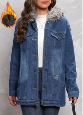Denim Blue Hooded Fur Collar Long Sleeve Coat