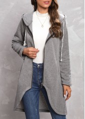 Zipper Grey Long Sleeve Hooded Coat
