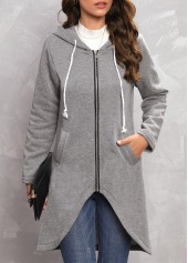 Zipper Grey Long Sleeve Hooded Coat