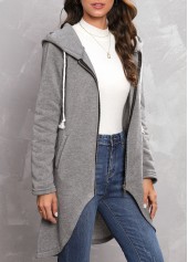 Zipper Grey Long Sleeve Hooded Coat