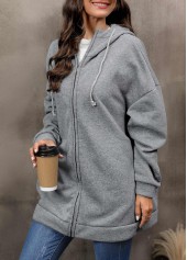 Grey Hooded Long Sleeve Zipper Coat