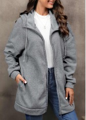 Grey Hooded Long Sleeve Zipper Coat