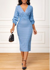 Polka Dot Surplice Dusty Blue Bodycon Dress