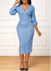 Polka Dot Surplice Dusty Blue Bodycon Dress