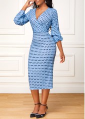 Polka Dot Surplice Dusty Blue Bodycon Dress