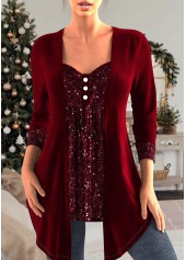 Wine Red Heart Collar Velvet T Shirt