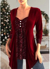 Wine Red Heart Collar Velvet T Shirt