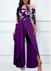 Floral Print Split Purple Long Boat Neck Jumpsuit