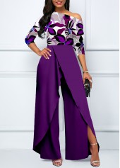 Floral Print Split Purple Long Boat Neck Jumpsuit