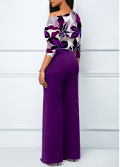 Floral Print Split Purple Long Boat Neck Jumpsuit
