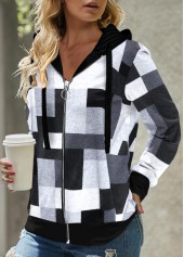 Geometric Print Zipper Black Long Sleeve Hoodie
