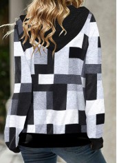 Geometric Print Zipper Black Long Sleeve Hoodie