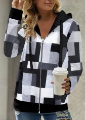 Geometric Print Zipper Black Long Sleeve Hoodie