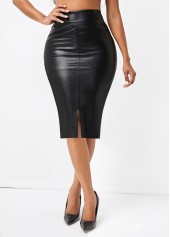Split Elastic Waist Black Bodycon Skirt