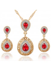 Teardrop Rhinestone Design Hollow Red Earrings and Necklace