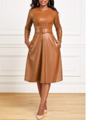 Faux Leather Belted Dark Camel Boat Neck Dress
