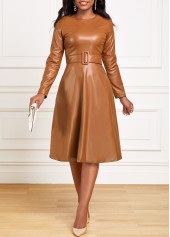 Faux Leather Belted Dark Camel Boat Neck Dress