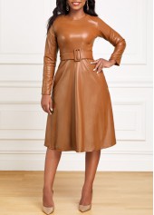 Faux Leather Belted Dark Camel Boat Neck Dress
