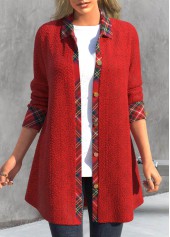 Plaid Button Red Shirt Collar Long Sleeve Coat