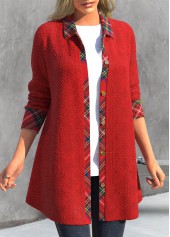 Plaid Button Red Shirt Collar Long Sleeve Coat