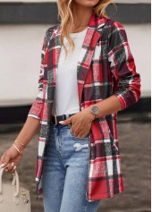 Plaid Pocket Red Lapel Long Sleeve Coat