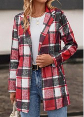 Plaid Pocket Red Lapel Long Sleeve Coat