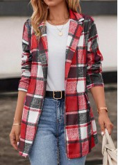 Plaid Pocket Red Lapel Long Sleeve Coat