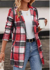 Plaid Pocket Red Lapel Long Sleeve Coat
