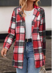 Plaid Pocket Red Lapel Long Sleeve Coat