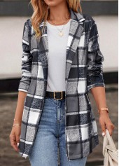 Plaid Pocket Dark Grey Lapel Long Sleeve Coat