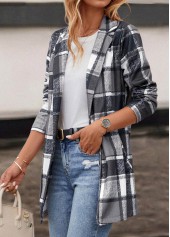 Plaid Pocket Dark Grey Lapel Long Sleeve Coat