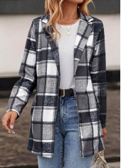 Plaid Pocket Dark Grey Lapel Long Sleeve Coat