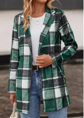 Plaid Pocket Green Lapel Long Sleeve Coat