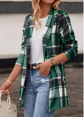 Plaid Pocket Green Lapel Long Sleeve Coat