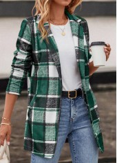 Plaid Pocket Green Lapel Long Sleeve Coat