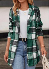 Plaid Pocket Green Lapel Long Sleeve Coat