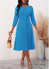 3/4 Sleeve Neon Blue Round Neck Dress