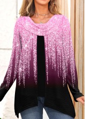 Shinning Print Plus Size Pink Draped Neck Sweatshirt