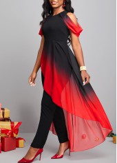 Plus Size Red Asymmetry Ombre Cold Shoulder Jumpsuit