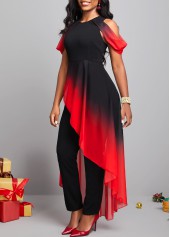 Plus Size Red Asymmetry Ombre Cold Shoulder Jumpsuit